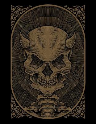 illustration skull demon with engraving style