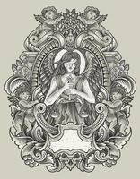 illustration angel justice with engraving ornament style vector