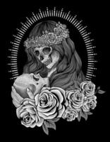 Ilustración mujer calavera de azúcar con estilo de grabado vector