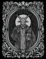 illustration scary baphomet on engraving ornament