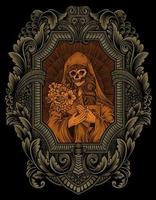 illustration sugar woman skull with engraving ornament frame vector