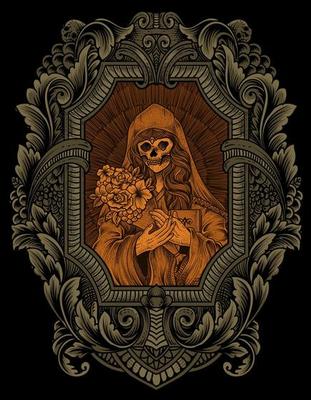 illustration sugar woman skull with engraving ornament frame