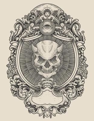 illustration demon skull with engraving ornament style