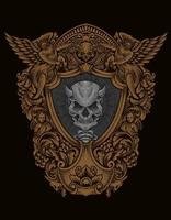 illustration demon skull with engraving ornament style vector