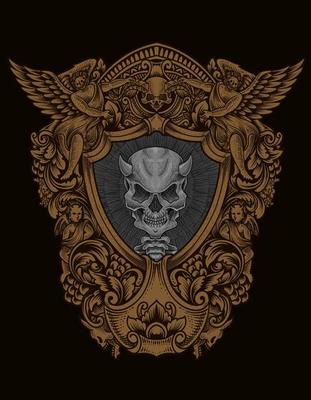 illustration demon skull with engraving ornament style