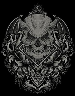 illustration demon skull with engraving ornament style