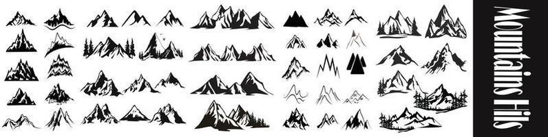 montañas rocosas. Volcán roca nieve al aire libre varios tipos, conjunto de iconos de montaña, montañas y colinas, realistas o estilizadas vector