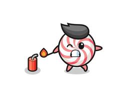 swirl lollipop mascot illustration playing firecracker vector