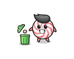 illustration of the swirl lollipop throwing garbage in the trash can vector