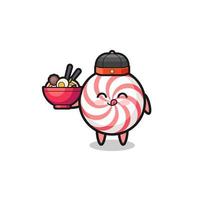 swirl lollipop as Chinese chef mascot holding a noodle bowl vector