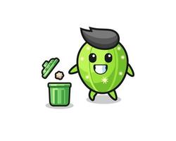 illustration of the cactus throwing garbage in the trash can vector