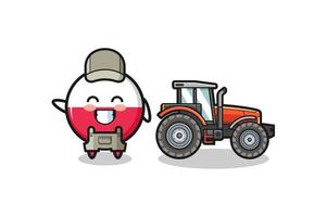 La mascota del granjero de la bandera de Polonia de pie junto a un tractor vector