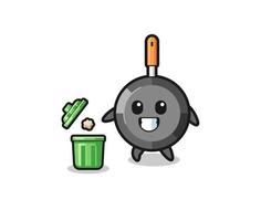 illustration of the frying pan throwing garbage in the trash can vector