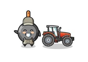 La mascota del granjero de la sartén de pie junto a un tractor vector