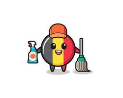 lindo personaje de la bandera de bélgica como mascota de los servicios de limpieza vector