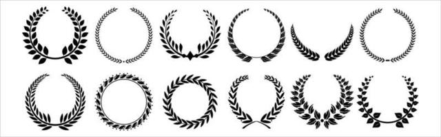 Set of black circular foliate laurels branches. Vintage laurel wreaths collection. vector