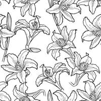 Seamless flower pattern background with Lily flower and leaf drawing illustration. vector