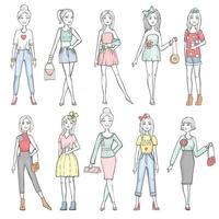 set with cute fashion girls vector