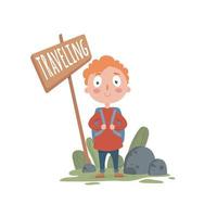 Cute tourist boy traveling concept background, cartoon style vector