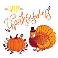Vector illustration of happy Thanksgiving turkey with custom designed lettering theme
