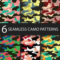 Set of 6 pack Camouflage seamless patterns background with black shadow. Classic clothing style masking camo repeat print. Bright colors of forest texture. Vector illustration web design and clothes.