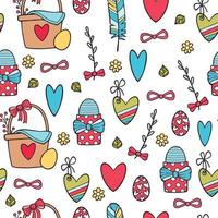 Floral seamless pattern with eggs, hearts and stylized flowers. Endless texture for spring design, decoration, greeting cards, posters, invitations, advertisement. vector