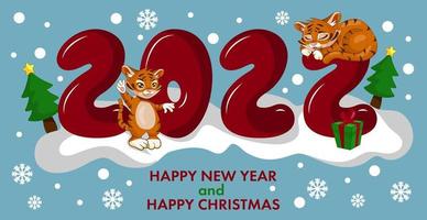 Symbols of the Chinese New Year 2022 striped tiger, festive panoramic web template background - Vector