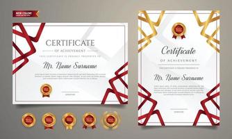 Certificado de diploma dorado y rojo de lujo con insignia y plantilla de borde vector