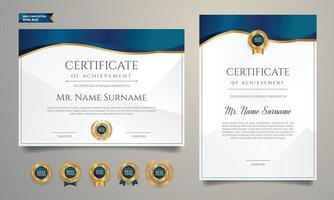 certificado de reconocimiento en color azul y dorado con plantilla de borde vector