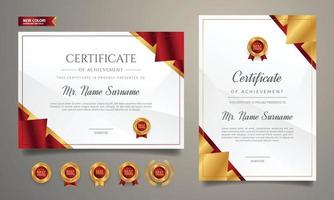 Plantilla de borde de certificado de diploma rojo y dorado con insignias vector