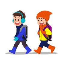 niños alegres caminan juntos a la escuela en invierno vector