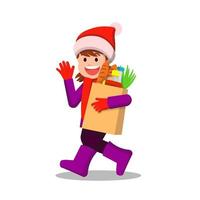 Cheerful little girl in winter clothes carrying groceries vector