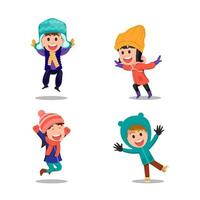 the characters of young children wearing winter clothes vector