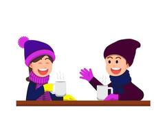 Boy and little girl chatting together in winter with a hot drink vector