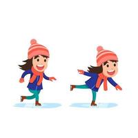 little girls ice skating in winter clothes vector