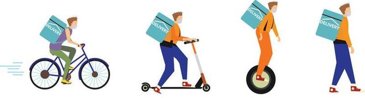 Online delivery service.Electric scooter, gyroboard, scooter and bicycle courier. Delivery service concept. Flat Style vector