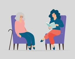 Woman caregiver or social assistance is reading a book for the elderly. Volunteer taking care of senior people. Mother and grandmother, mental health disorders, disabilities, family support concept. vector