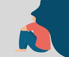 Lonely girl suffers from depression with flying hair. Young woman sitting and hugging her knees. Depressed teenager or adolescent feeling solitude. Mental health disorders concept. Back view vector. vector