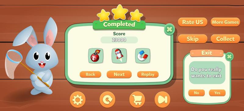 Casual Game UI menu popups with buttons and game assets