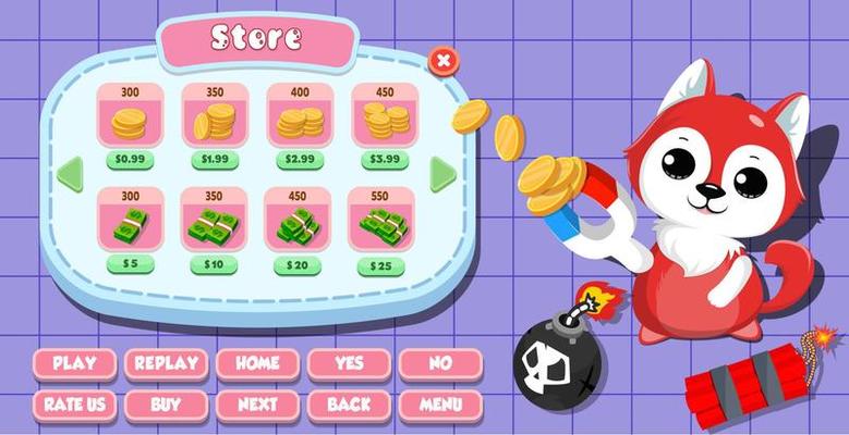 Casual Game UI menu popups with buttons and game assets