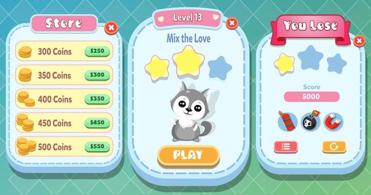 Casual Game UI menu popups with buttons and game assets