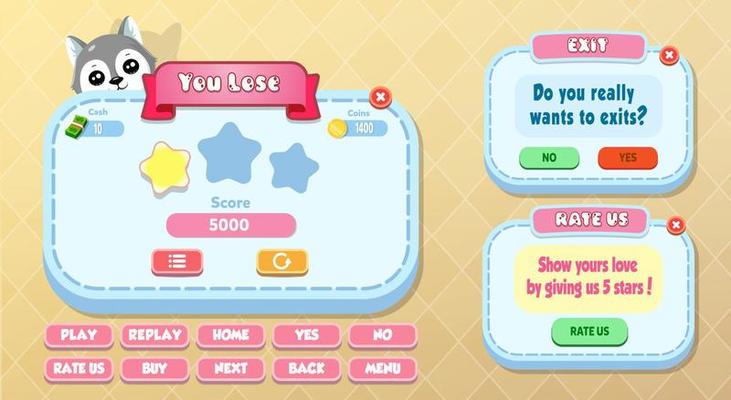 Casual Game UI menu popups with buttons and game assets
