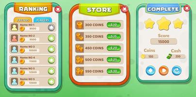 Casual Game UI menu popups with buttons and game assets vector