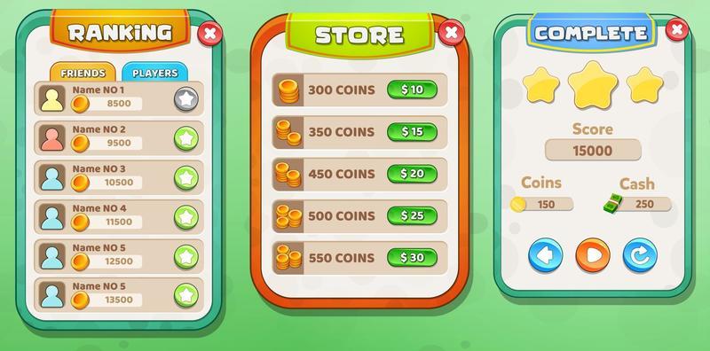 Casual Game UI menu popups with buttons and game assets