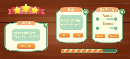 Casual Game UI menu popups with buttons and game assets vector