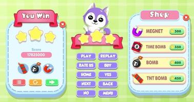 Casual Game UI menu popups with buttons and game assets vector