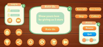Casual Game UI menu popups with buttons and game assets vector