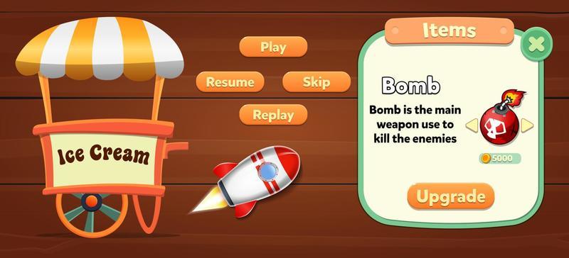 Casual Game UI menu popups with buttons and game assets