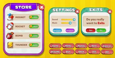 Casual Game UI menu popups with buttons and game assets vector