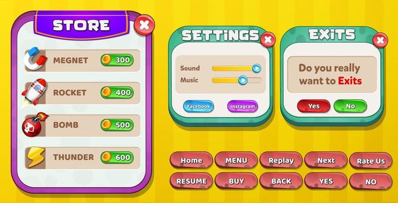 Casual Game UI menu popups with buttons and game assets